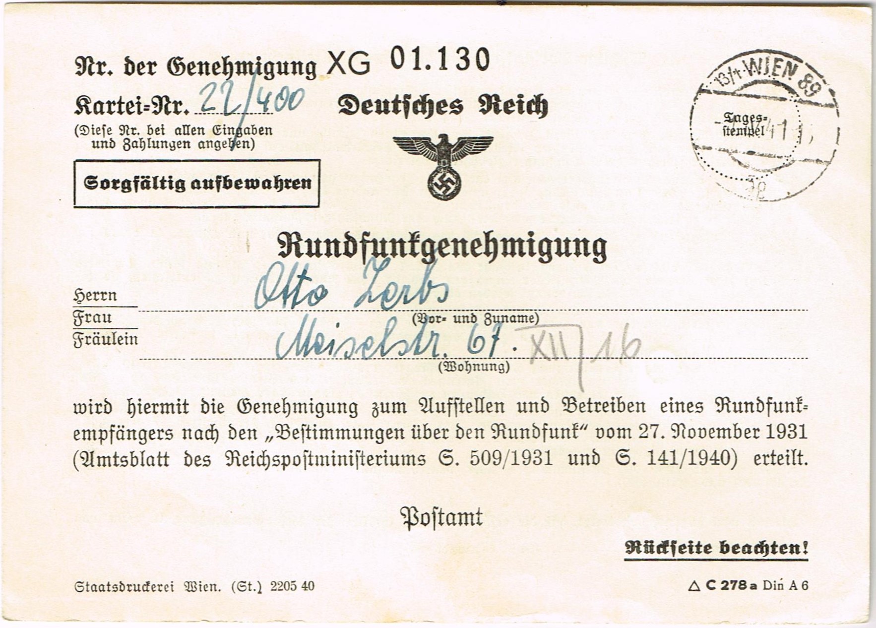 Rundfunkgenehmigung - Nr. der Genehmigung XG 01.130 - Kartei-Nr. 22/400